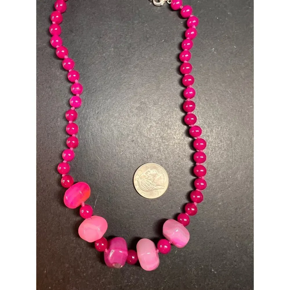 NEW Fuchsia pink dyed agate beaded necklace with sterling silver clasp